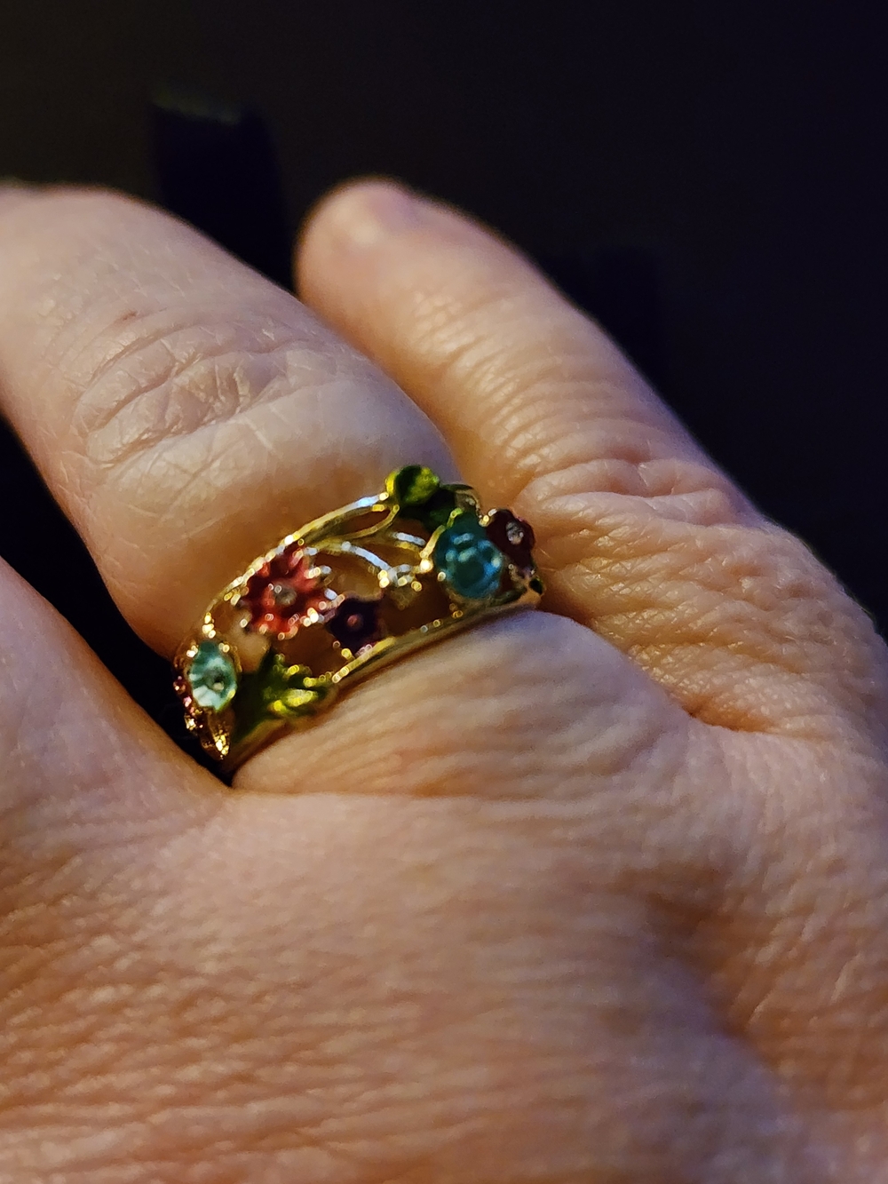Gold Floral Multi-Color Enamel Band Ring